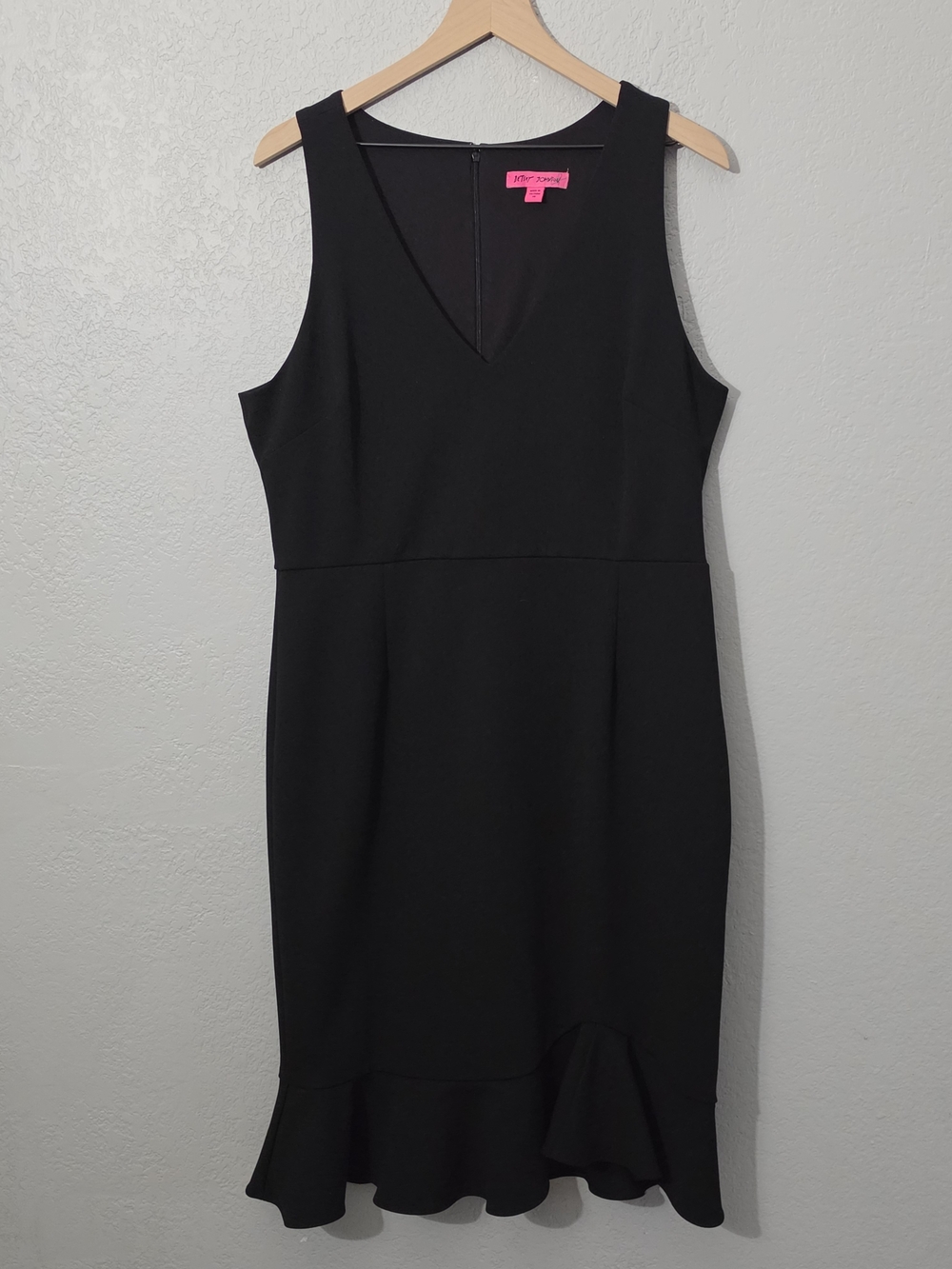 Betsey Johnson Black Scuba Crepe V-Neck Flounce Hem Midi Dress Womens 16 - Picture 3 of 13